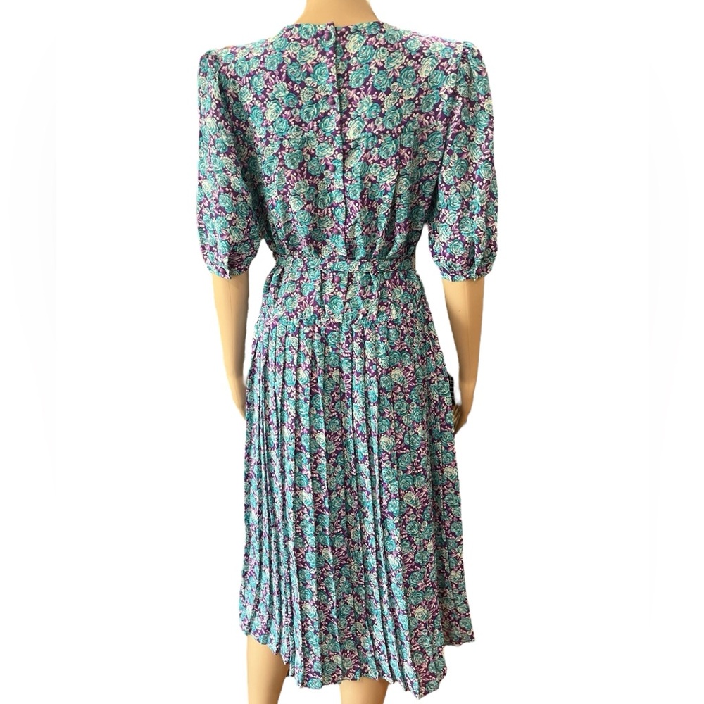 Cottagecore collegiate modesty accordion floral 80’s belted dress 7/8 - Picture 5 of 11